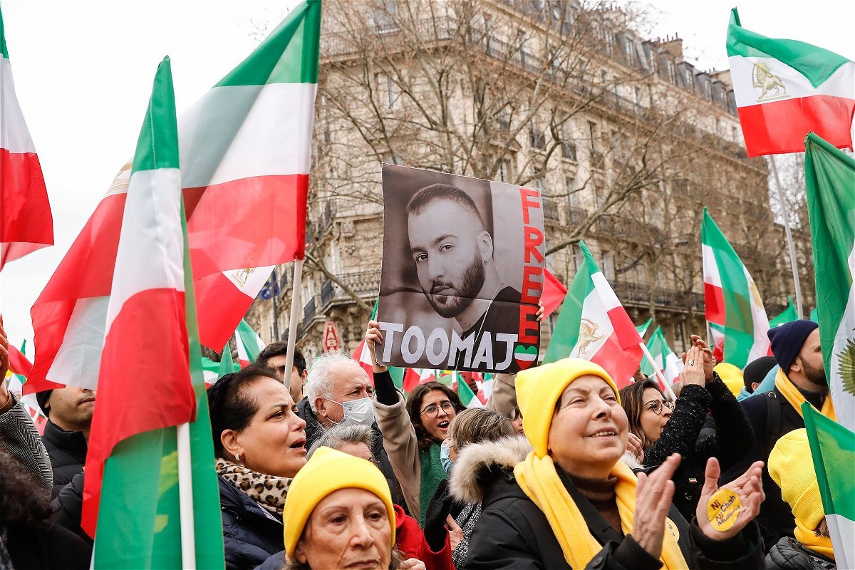 <i>Teresa Suarez/EPA-EFE/Shutterstock</i><br/>Protesters called for Iranian rapper Toomaj Salehi's release during a demonstration on the 44th anniversary of the Iranian revolution
