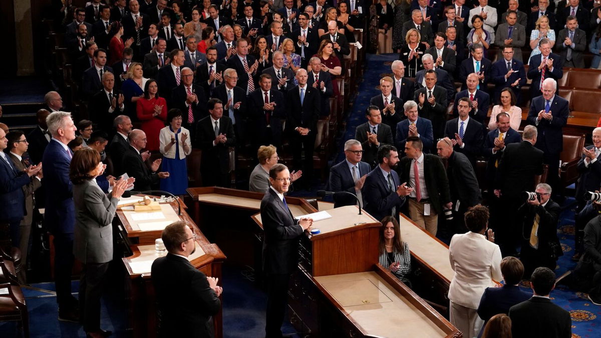 <i>J. Scott Applewhite/AP</i><br/>Israeli President Isaac Herzog arrives to speak to a joint meeting of Congress