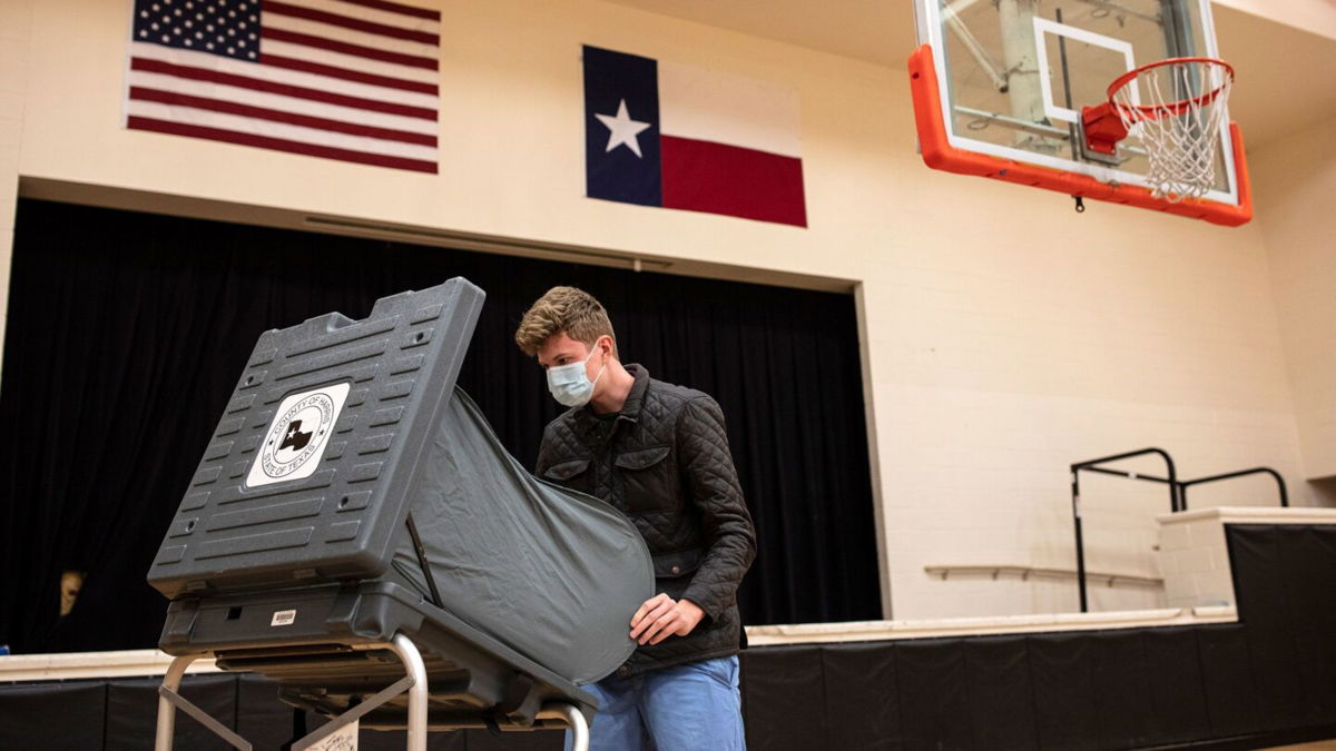 <i>Tamir Kalifa/The New York Times/Redux</i><br/>An election clerk sets up a voting machine on Election Day in Houston in November 2020.