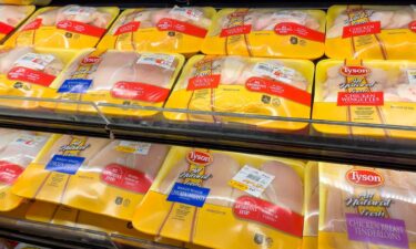 Tyson all natural chicken breasts and chicken wings on display at a grocery store in Atlanta.