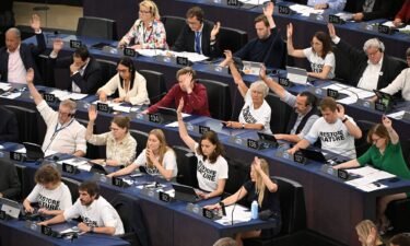 Members of the European Parliament wearing t-shirts reading "Restore Nature" take part in a voting session on EU nature restoration law.
