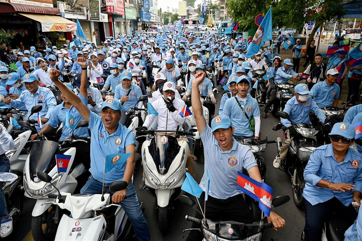 An election rally for the ruling Cambodia People's Party takes place in Phnom Penh on July 1.