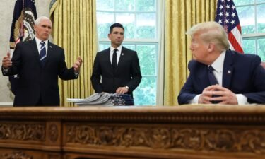 Then-US President Donald Trump listens to Vice President Mike Pence and acting Secretary of Homeland Security Chad Wolf