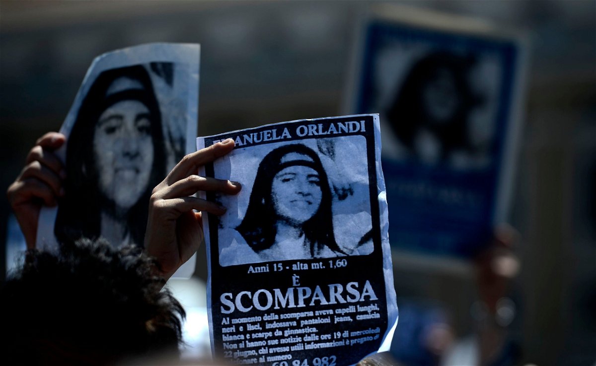 <i>FILIPPO MONTEFORTE/AFP/Getty Images</i><br/>A demonstrator holds a poster of Emanuela Orlandi reading 