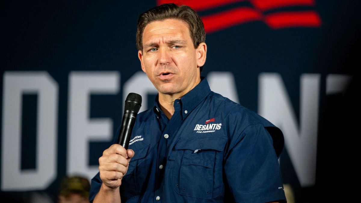 <i>Brandon Bell/Getty Images North</i><br/>Republican presidential candidate and Florida Gov. Ron DeSantis speaks during a campaign rally on June 26