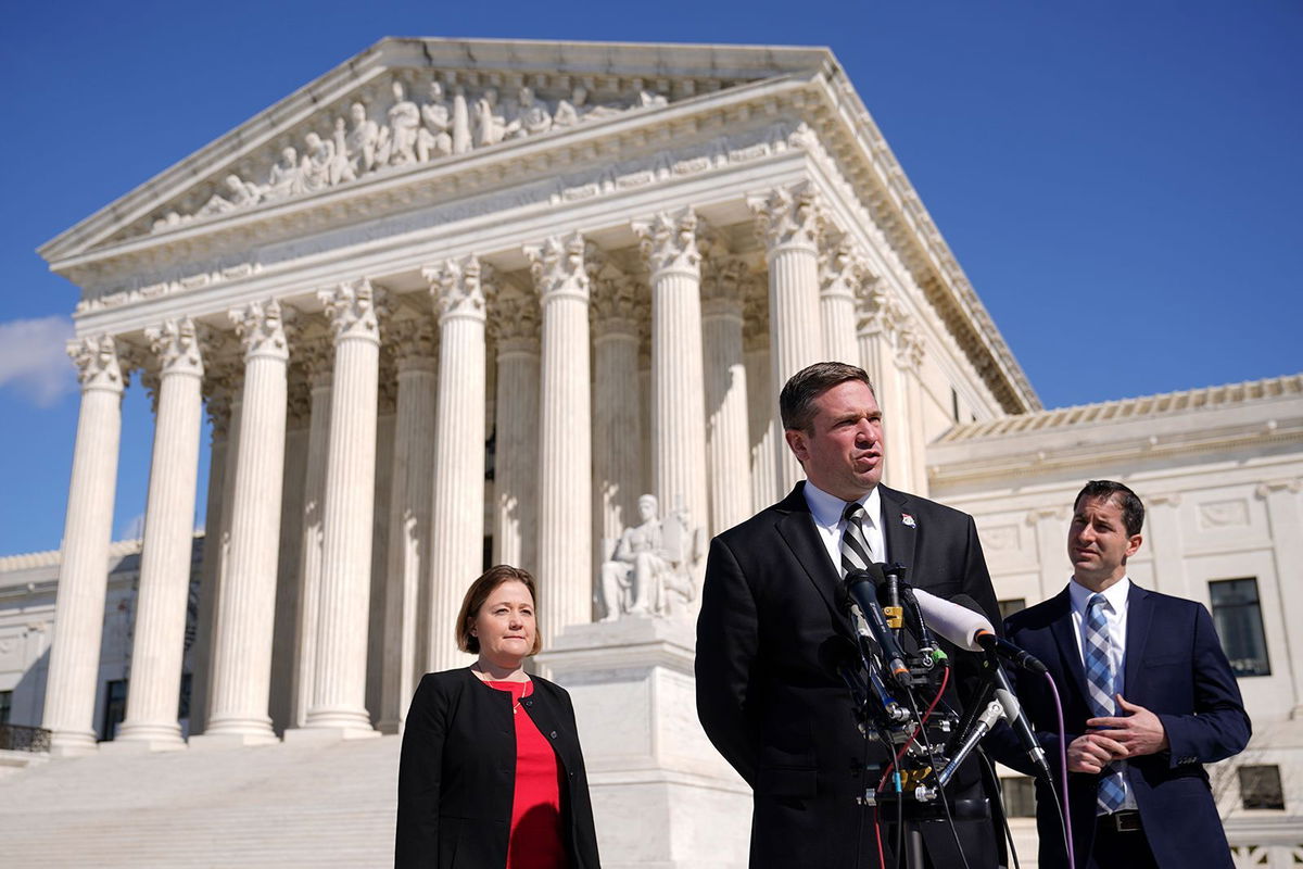 <i>Patrick Semansky/AP/File</i><br/>Missouri Attorney General Andrew Bailey speaks outside the Supreme Court in Washington