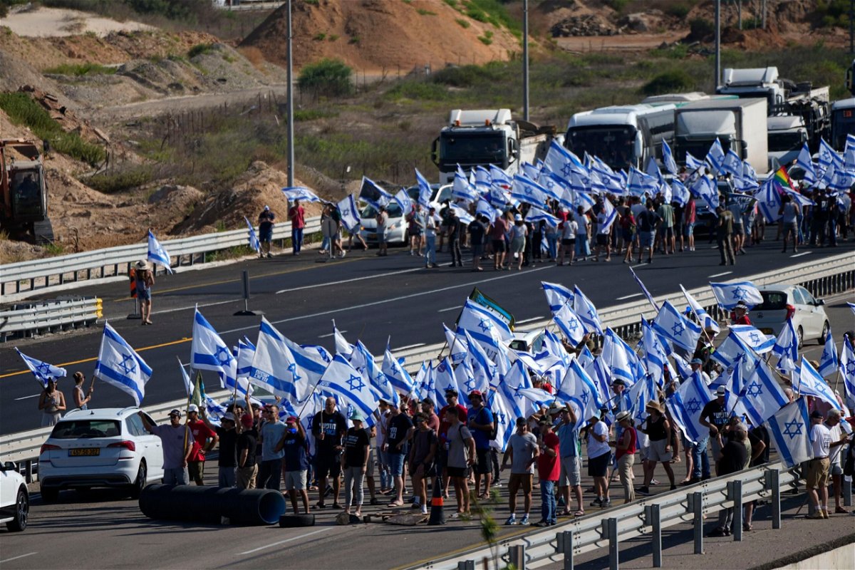 <i>Ariel Schalit/AP</i><br/>Demonstrators took to the streets in Israel for what they are calling a day of “disruption and resistance” against the government’s moves to overhaul the country’s judicial system.