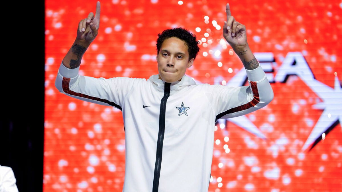 <i>Lucas Peltier/USA Today Network/Reuters</i><br/>Brittney Griner enters onto the stage during player introductions before the 2023 WNBA All-Star Game at Michelob Ultra Arena in Las Vegas.