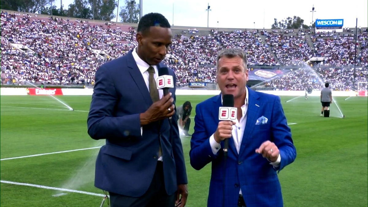 <i>ESPN+</i><br/>Shaka Hislop before collapsing on air ahead of a preseason friendly match between AC Milan and Real Madrid on Sunday.