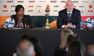 FIFA president Gianni Infantino (right) and FIFA Secretary General Fatma Samoura attend a press conference in Auckland on July 19.