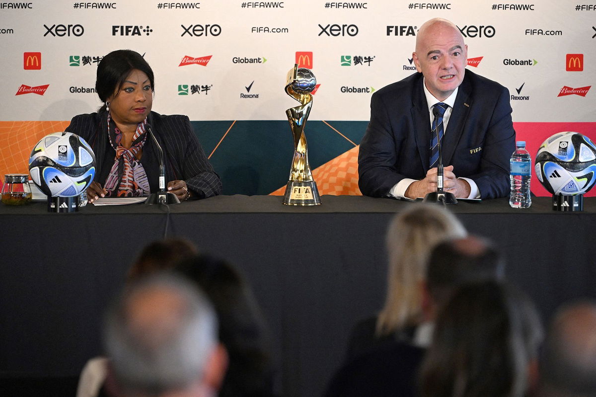 <i>Saeed Khan/AFP/Getty Images</i><br/>FIFA president Gianni Infantino (right) and FIFA Secretary General Fatma Samoura attend a press conference in Auckland on July 19.