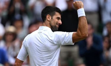 Novak Djokovic of Serbia celebrates against Andrey Rublev in the Wimbledon quarterfinals.