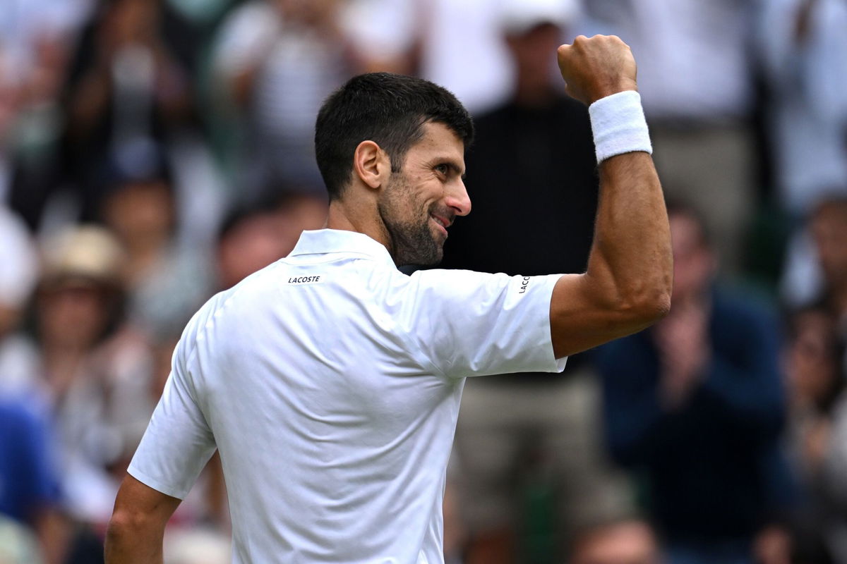 <i>Shaun Botterill/Getty Images</i><br/>Novak Djokovic of Serbia celebrates against Andrey Rublev in the Wimbledon quarterfinals.