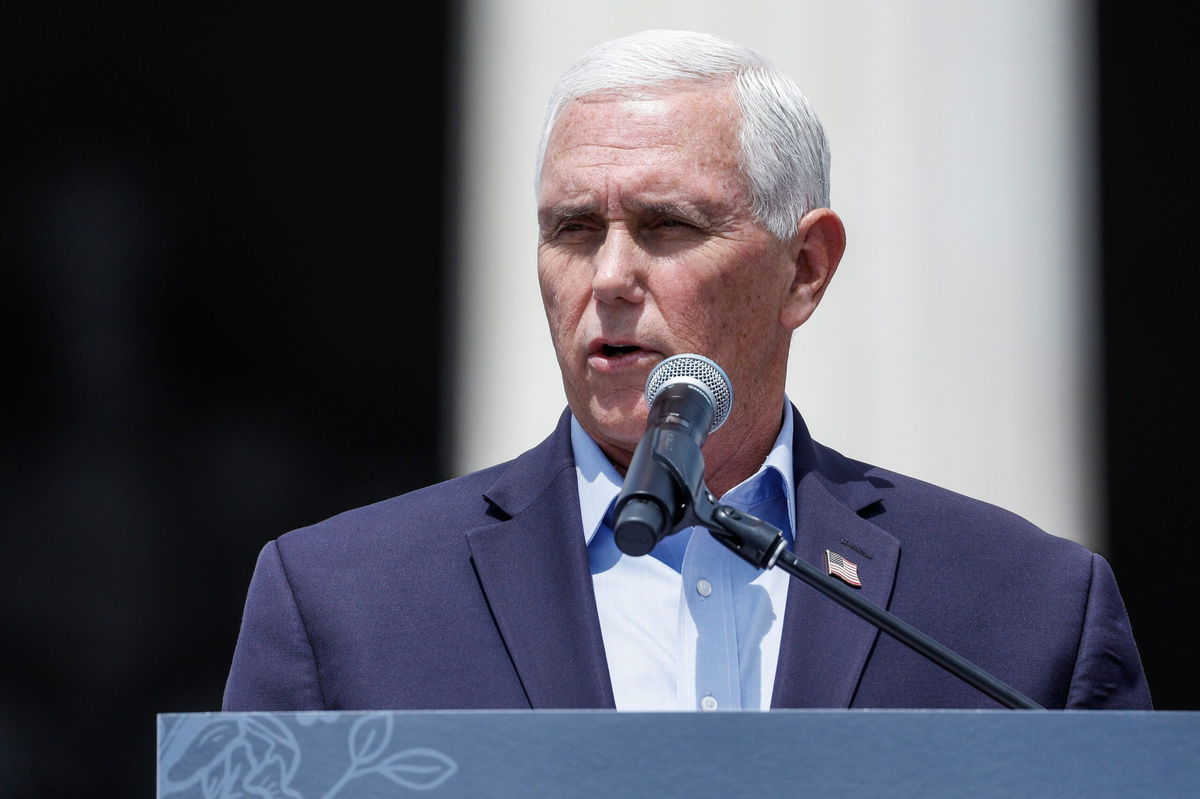 <i>Anna Moneymaker/Getty Images</i><br/>Republican presidential candidate and former vice president Mike Pence speaks during a Celebrate Life Day rally outside the Lincoln Memorial on June 24 in Washington