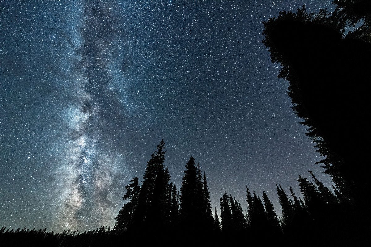 The Delta Aquariids meteor shower and the Milky Way can be seen over the Gifford Pinchot National Forest near Mount Adams in Washington state.