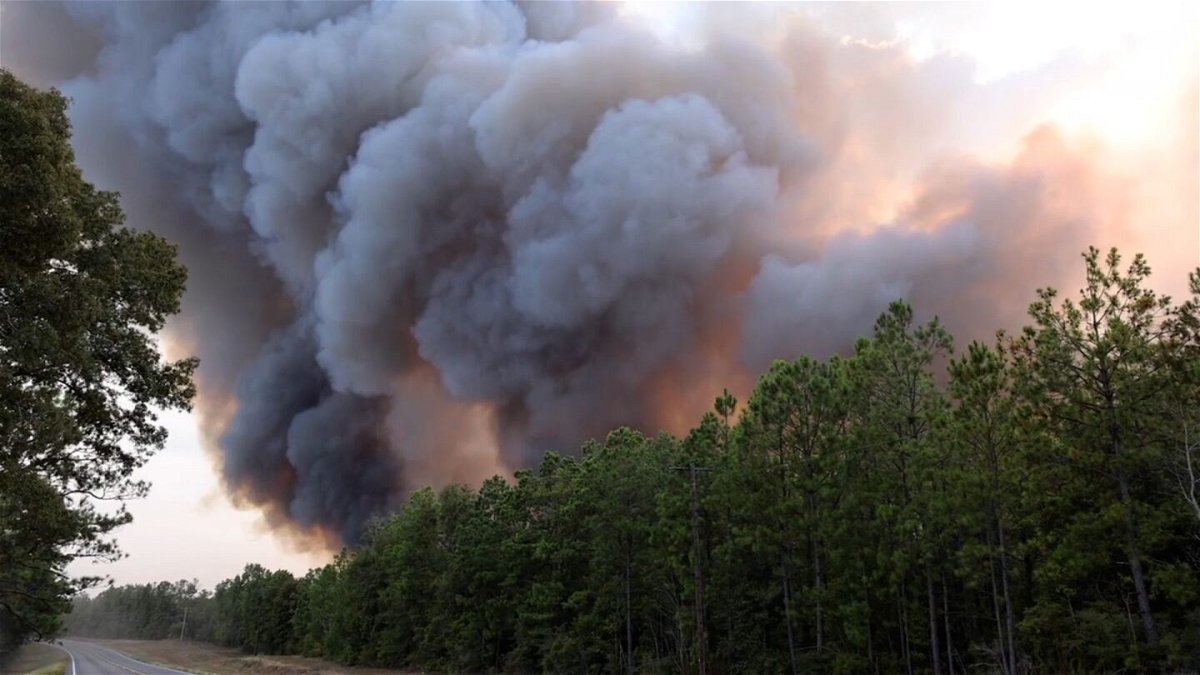 <i>Louisiana Department of Agriculture and Forestry</i><br/>Smoke from a wildfire is seen in Beauregard Parish