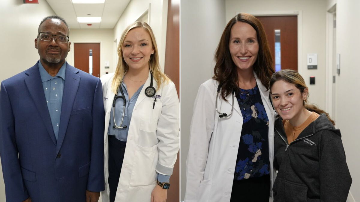 (From left) Lung transplant patient Dennis Deer, 50, is shown with pulmonologist Dr. Catherine Myers of Northwestern Medicine. Nurse practitioner Jennifer Wright is shown with lung transplant patient Yahaira Vega, 27.