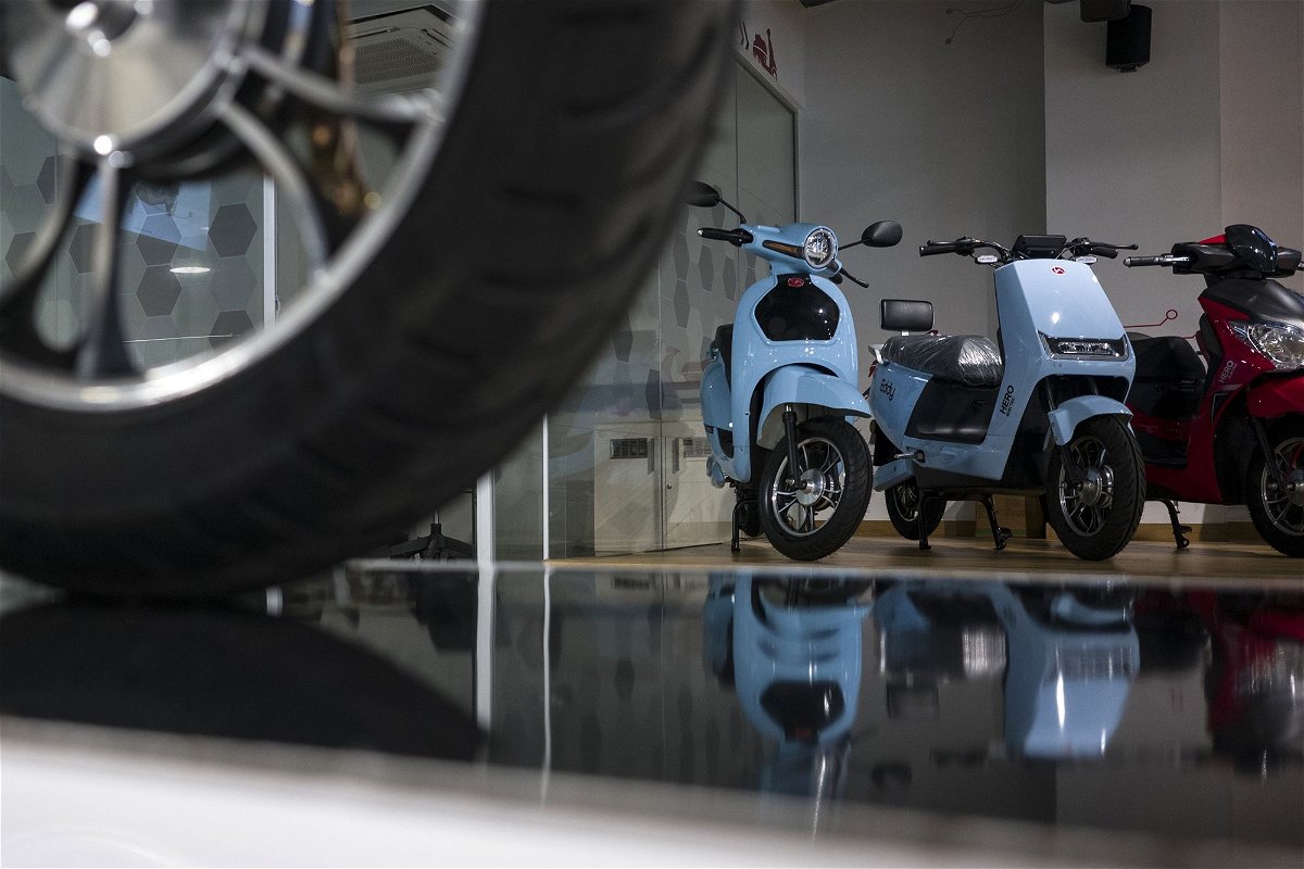 Electric two-wheelers are seen here on display at the Hero Electric Vehicles headquarters in Gurgaon, India, in 2021.