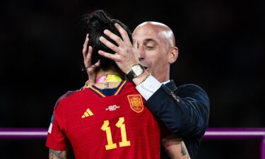 President of the Royal Spanish Football Federation Luis Rubiales (R) kisses Jennifer Hermoso of Spain (L) during the medal ceremony of FIFA Women's World Cup Australia & New Zealand 2023 Final match between Spain and England at Stadium Australia on August 20.