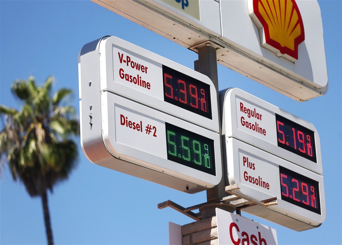 Gasoline prices are displayed at a Shell station ahead of the Labor Day weekend on August 28 in West Hollywood, California. According to AAA, the average price of regular gasoline with self-service in Los Angeles County rose to $5.36 per gallon, 33 cents more than one month ago.