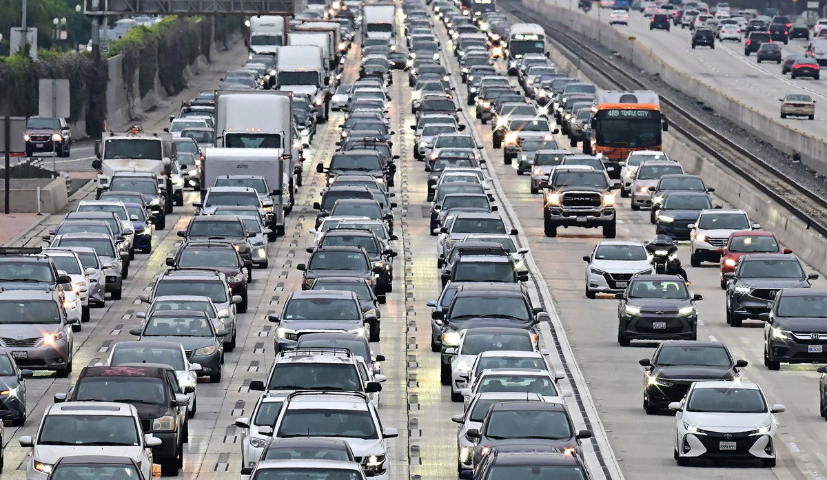 Vehicles head east on a Los Angeles freeway during the evening rush hour commute on April 12 in Los Angeles, California.  According to a new report, it will cost you 19.5% more to repair your car now than it did a year ago.