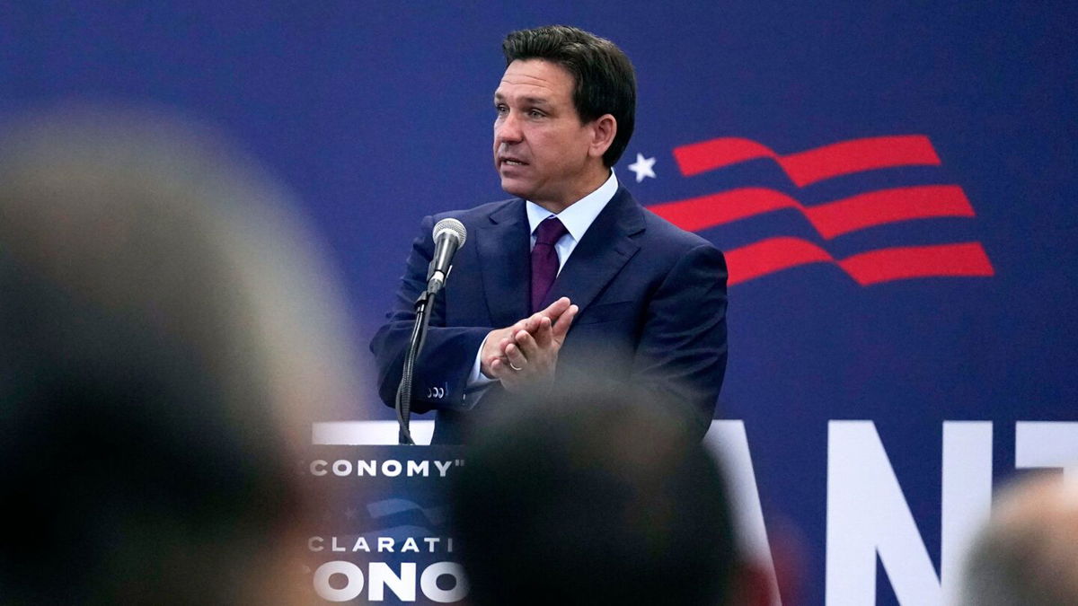 <i>Charles Krupa/AP</i><br/>Republican presidential candidate Florida Gov. Ron DeSantis gestures during a campaign event