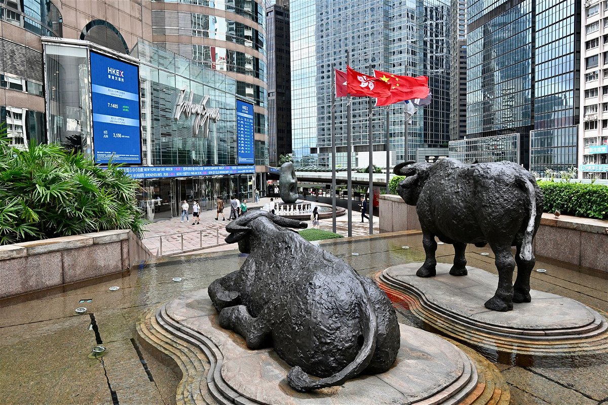 Bull statues are seen on the Exchange Square complex, which houses the Hong Kong Stock Exchange (HKEX), on June 19, in Hong Kong, China.