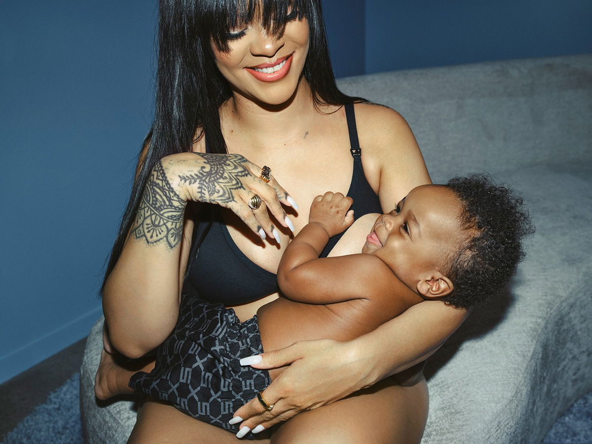 <i>Sophia Wilson</i><br/>Model Essence Tatiana breastfeeds while wearing the Savage X Fenty Floral Lace Maternity Bralette in the color Black Caviar.