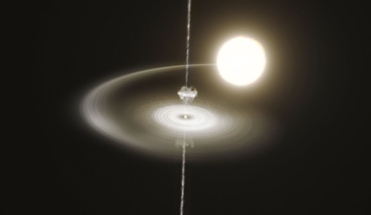 This artist's impression shows the pulsar as it strips gas away from a companion star. The incoming gas forms a disk around the pulsar.