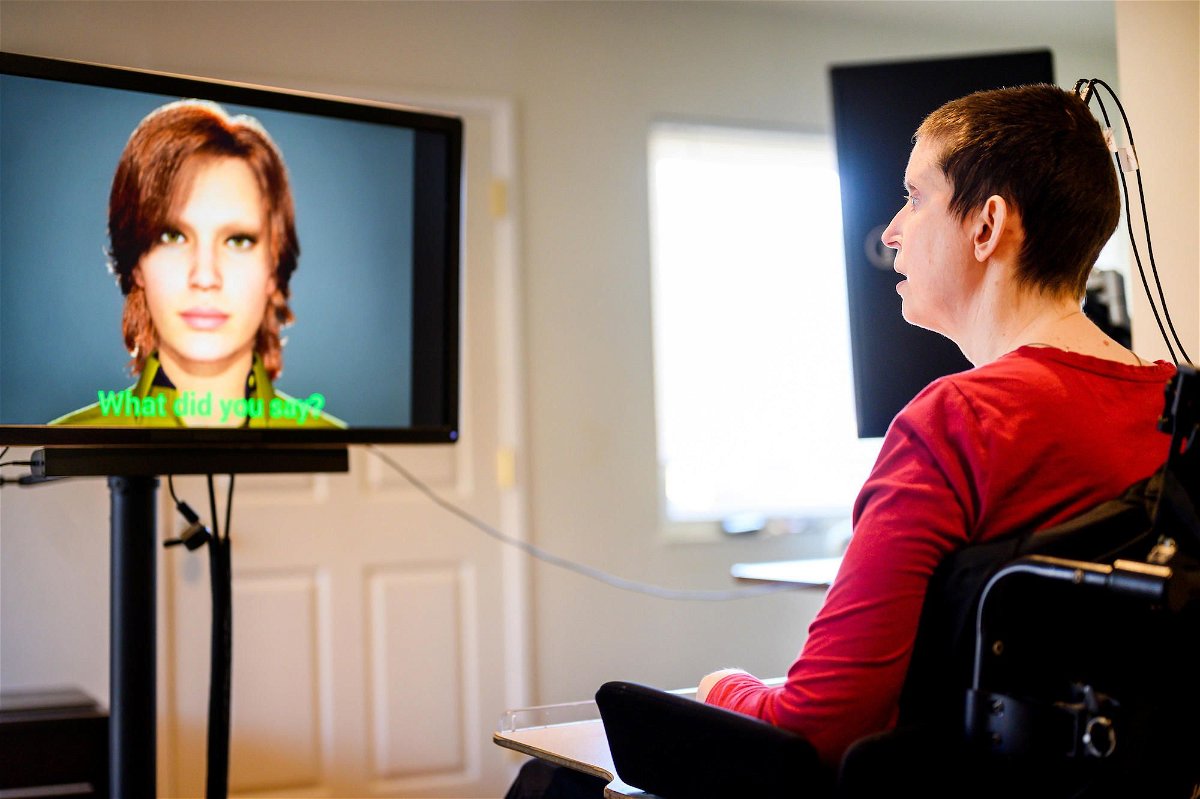 A participant in a study of speech neuroprostheses uses a digital link wired to her cortex to interface with an avatar.
