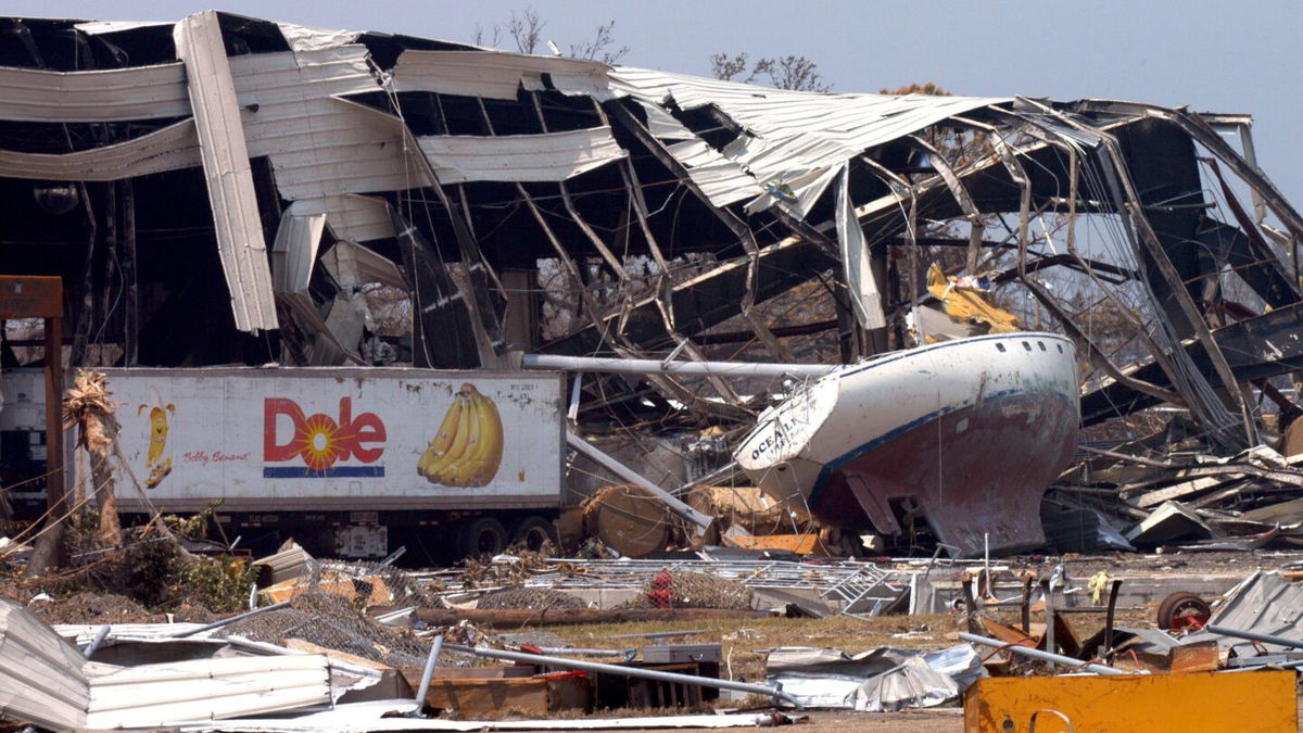 Debris blown ashore by Hurricane Katrina lies in August 2005 near downtown Gulfport, Mississippi.