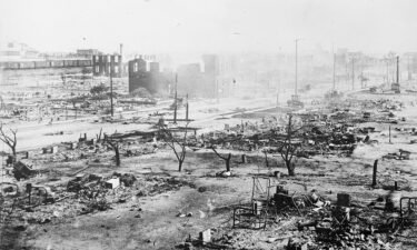 The Greenwood neighborhood is seen in ruins after a mob passed during the race massacre in Tulsa