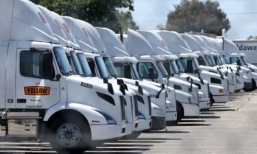 Yellow Corp. trucks sit idle at a company facility on Monday after the Teamsters union said the company has closed operations.