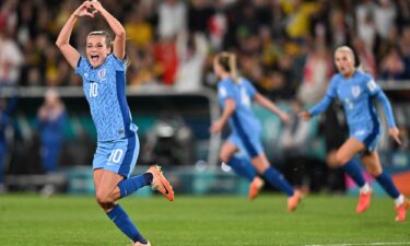 England players celebrate taking the lead in their semifinal against Australia.