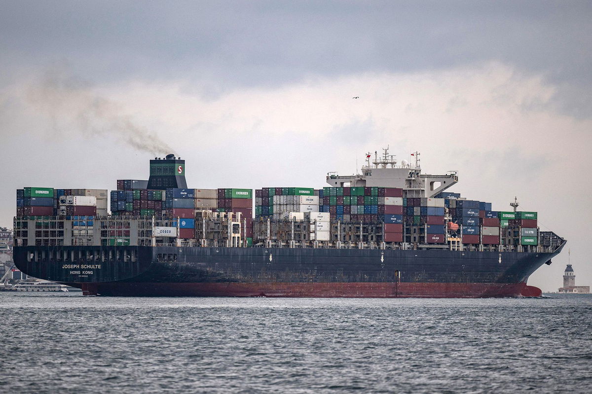 <i>Yasin Akgul/AFP/Getty Images</i><br/>Hong-Kong-flagged container ship Joseph Schulte transits the Bosphorus Strait in Istanbul