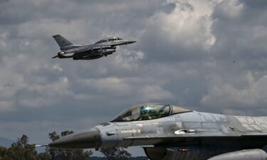 A US Air Force F-16 jet takes off from the military airport of Andravida