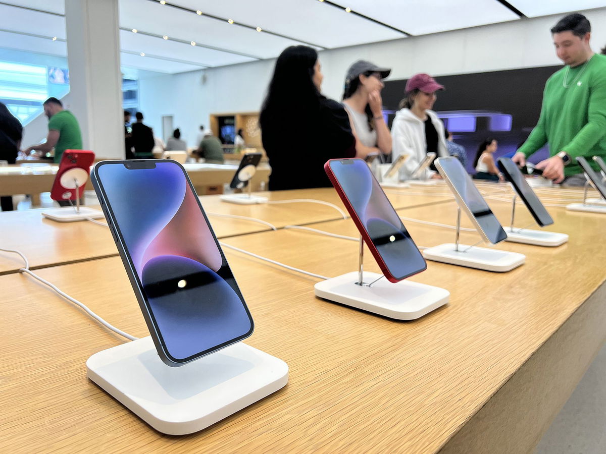 <i>Joe Raedle/Getty Images</i><br/>Apple phones are seen here on display in an Apple store on May 4 in Miami