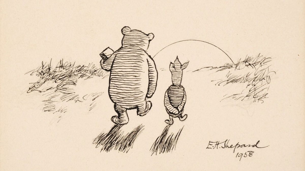 An original black and white sketch of Winnie the Pooh and his good friend Piglet which languished for decades in a drawer is expected to fetch thousands when it goes under the hammer next month.