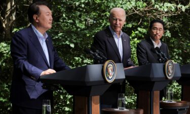 U.S. President Joe Biden holds a joint press conference with Japanese Prime Minister Fumio Kishida and South Korean President Yoon Suk Yeol during the trilateral summit at Camp David near Thurmont