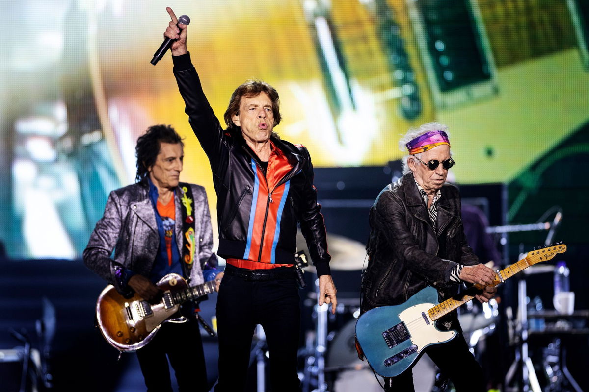 Ronnie Wood, Mick Jagger and Keith Richards of the Rolling Stones perform in Sweden on July 31, 2022 during their  