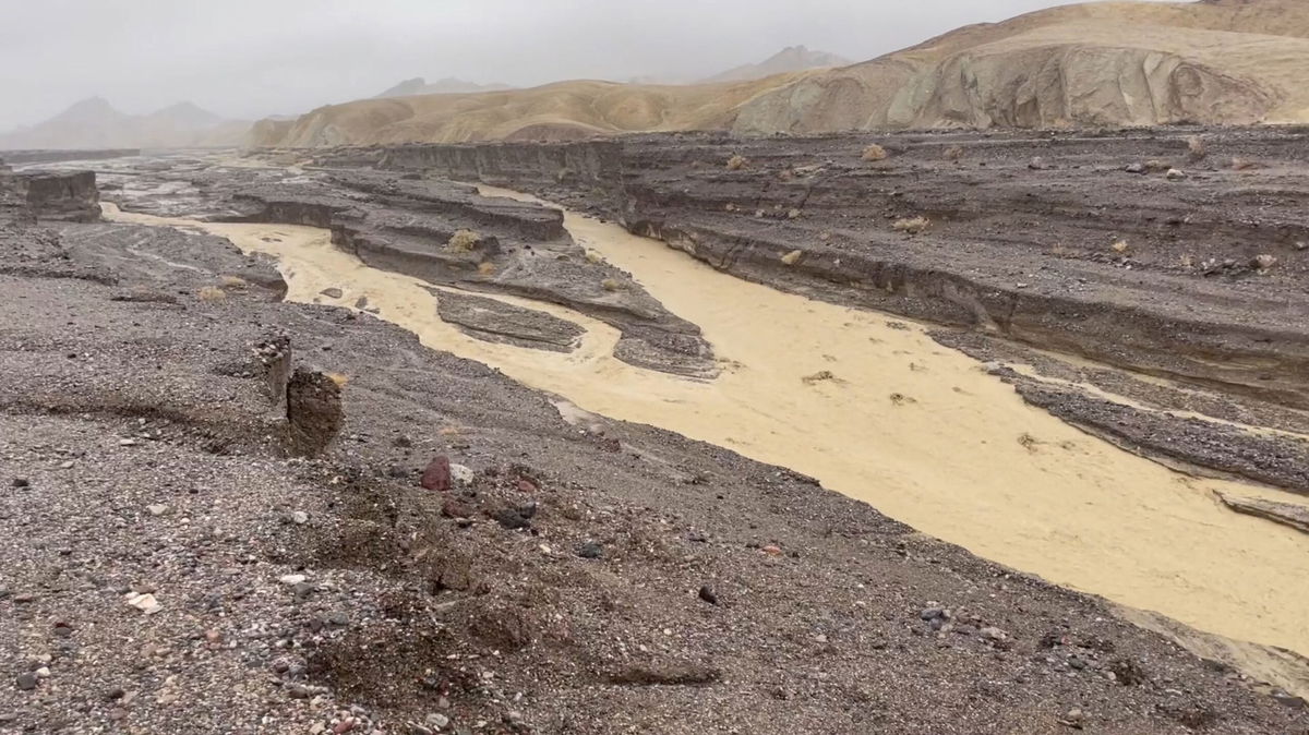 A view of flooding caused by heavy rain is seen in Gower Gulch near Zabriskie Point in Death Valley National Park on August 20.  Death Valley is the driest national park in the United States, receiving an average of about 2.2 inches of rain a year.