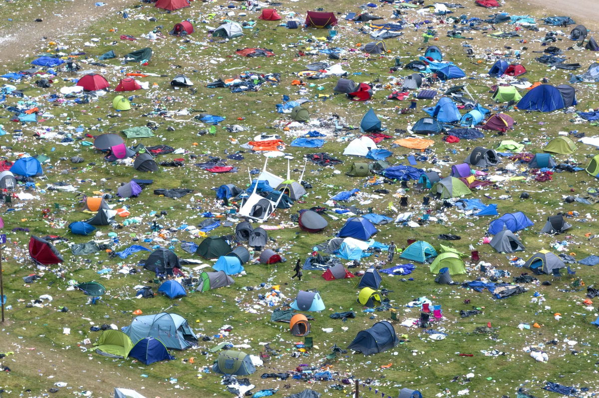 An aerial view of the Reading Festival camping site on August 29, 2022 in Reading, England. Similar scenes were repeated in 2023.