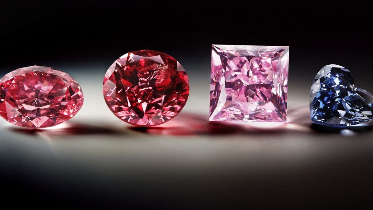 Polished colored diamonds from the Argyle diamond deposit are shown. The now-closed mine in Western Australia was the source of 90% of the world's pink diamonds.