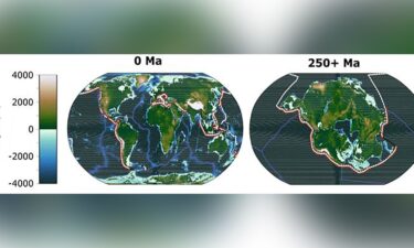 Image shows the warmest month average temperature (degrees Celsius) for Earth and the projected supercontinent (Pangea Ultima) in 250 million years