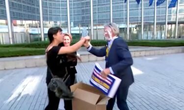 Ryanair CEO Michael O'Leary gets hit in the face by cream cakes during a press briefing outside the EU Commission