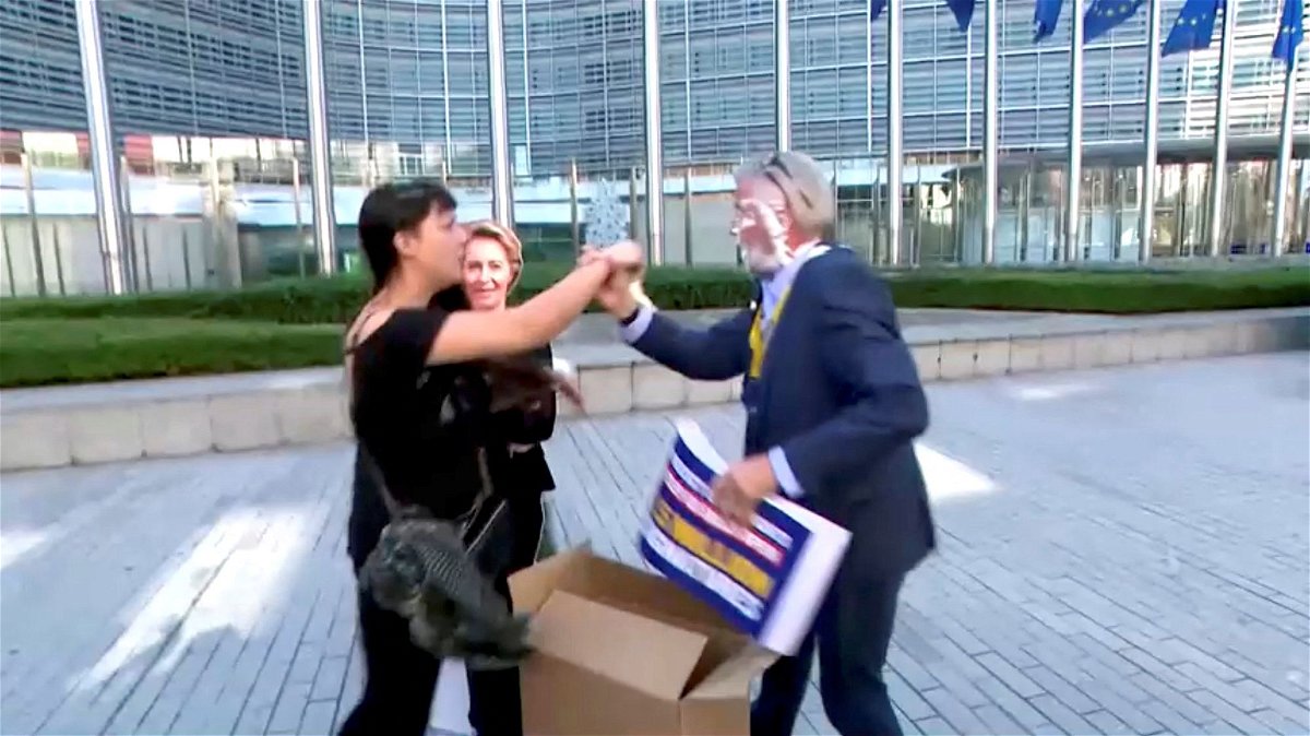 <i>RTL-TVI/Handout/Reuters</i><br/>Ryanair CEO Michael O'Leary gets hit in the face by cream cakes during a press briefing outside the EU Commission