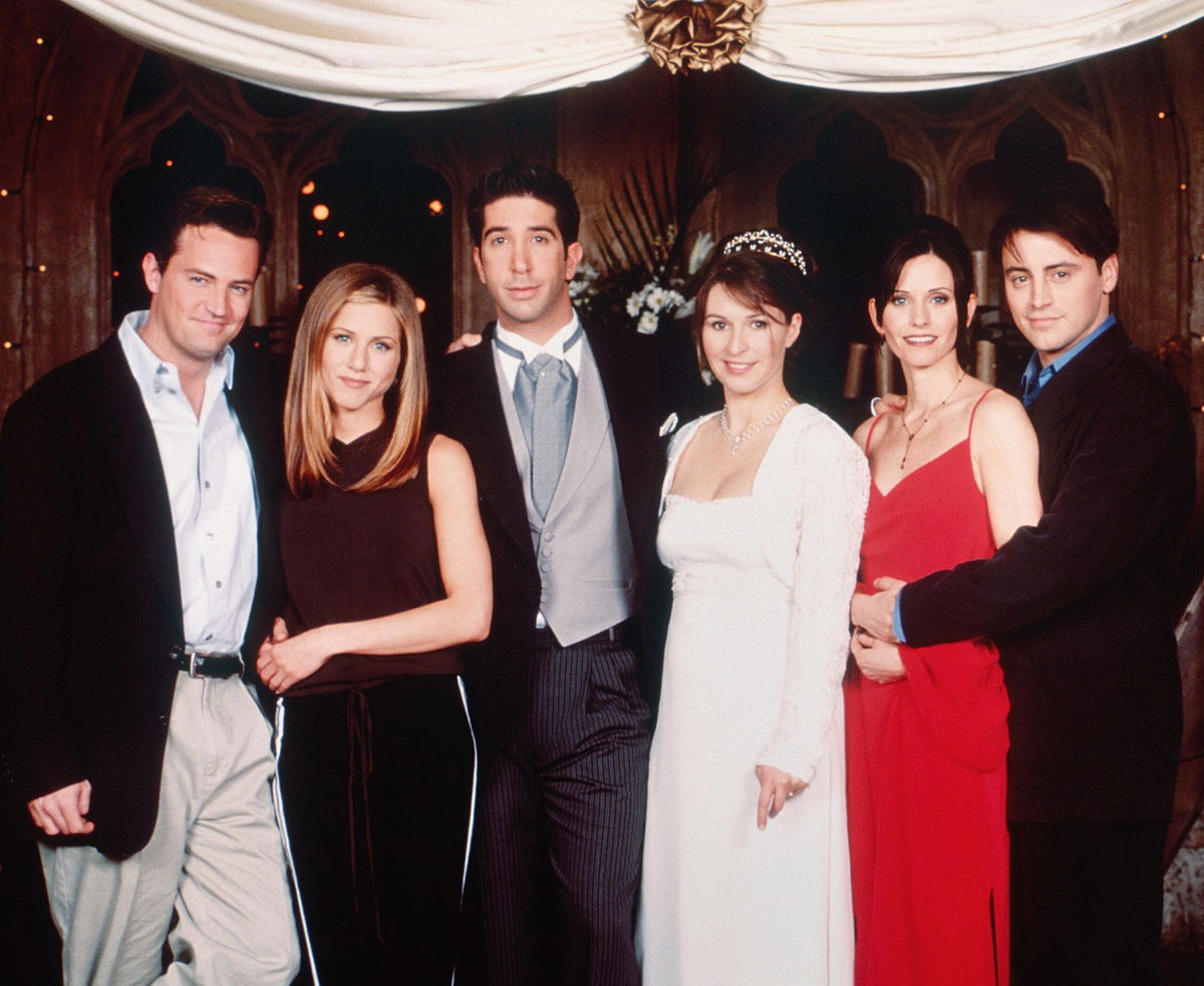 Matthew Perry as Chandler Bing, Jennifer Aniston as Rachel Green, David Schwimmer as Ross Geller, Helen Baxendale as Emily Waltham, Courteney Cox as Monica Geller, Matt LeBlanc as Joey Tribbiani.