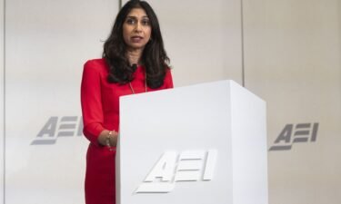 UK Home Secretary Suella Braverman delivers an address on migration challenges at the American Enterprise Institute in Washington on September 26.