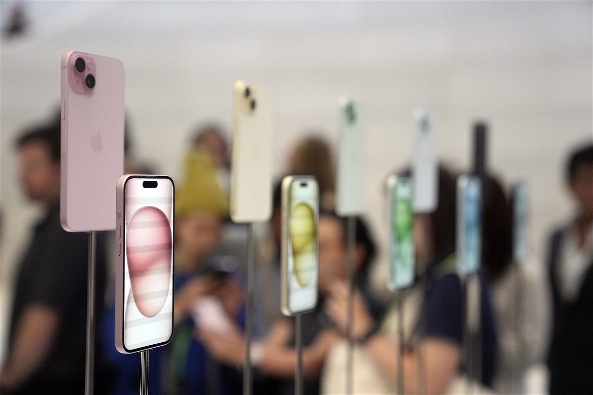 <i>Jeff Chiu/AP</i><br/>iPhone 15 and 15 Plus models are displayed during an announcement of new products on the Apple campus on September 12 in Cupertino