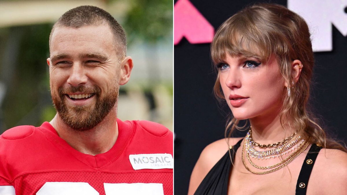 <i>Getty Images</i><br/>Travis Kelce (left) talked Taylor Swift (right) on his podcast.